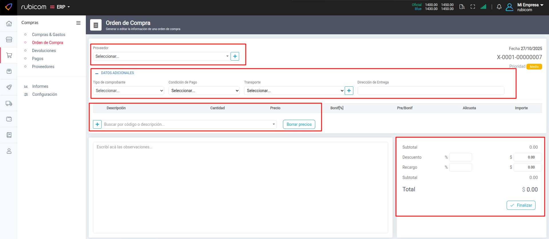 Cabecera de Orden de Compra
