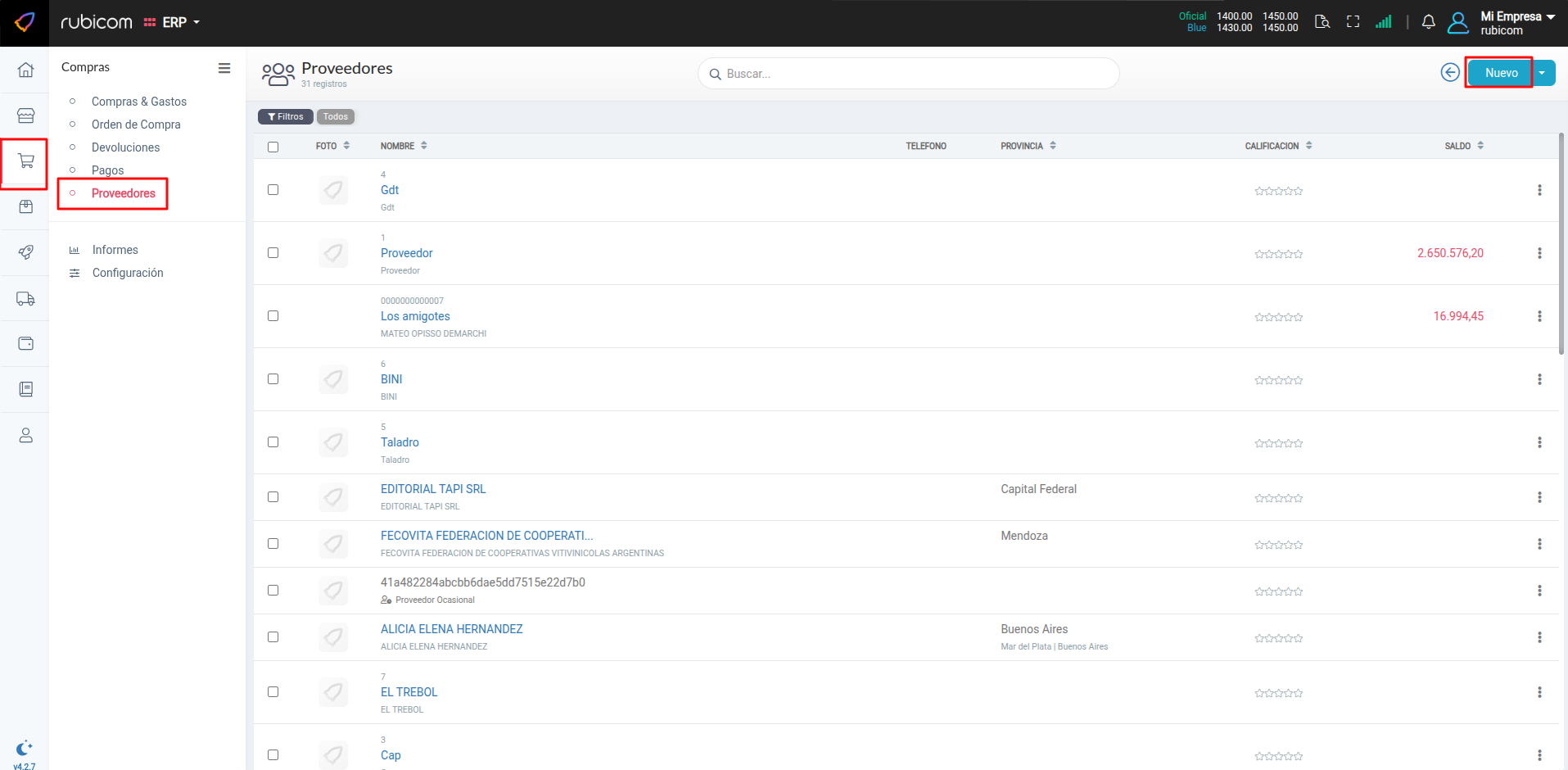 Listado de Proveedores