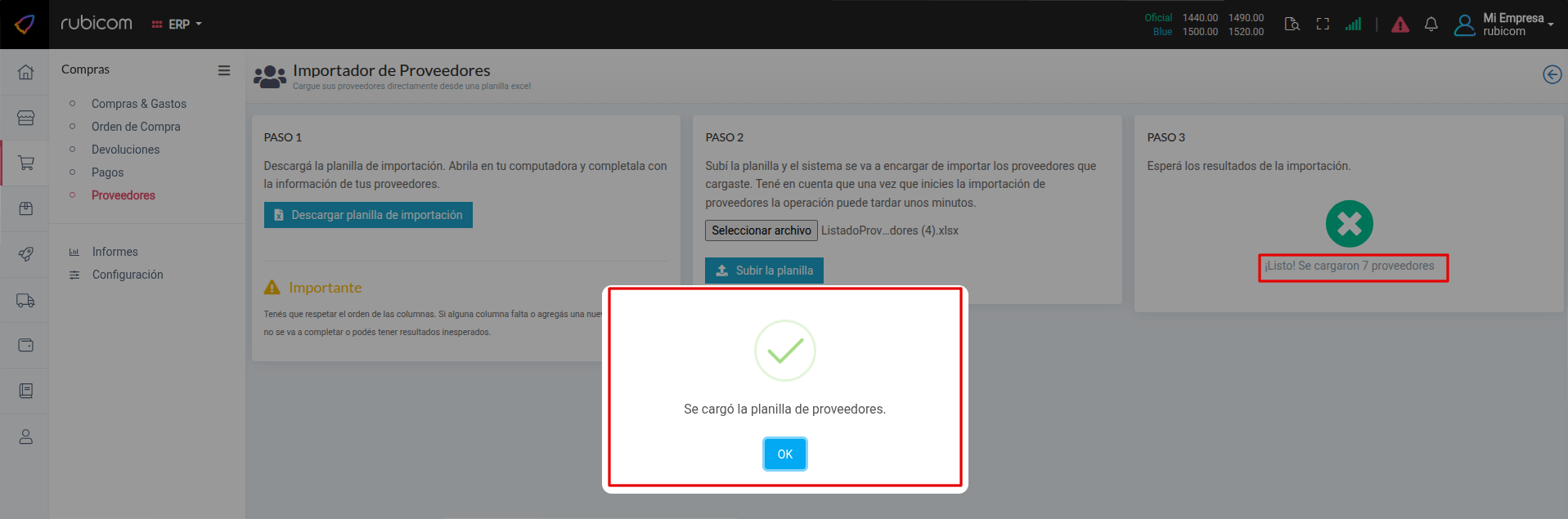 Proceso de subida de Excel