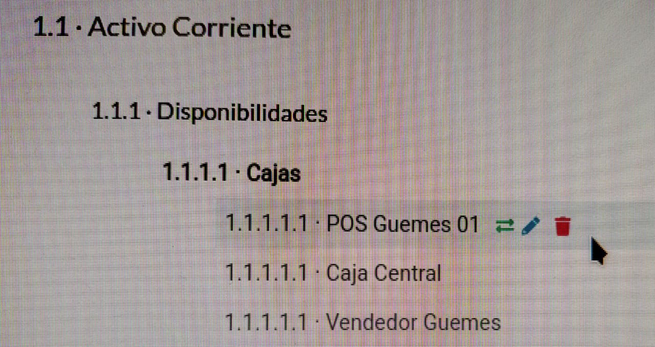 Opciones de una cuenta individual al pasar el mouse (Movimientos, Editar, Eliminar)