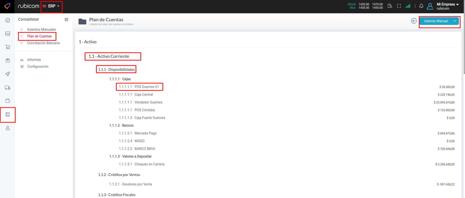 Vista del listado completo y estructura del Plan de Cuentas