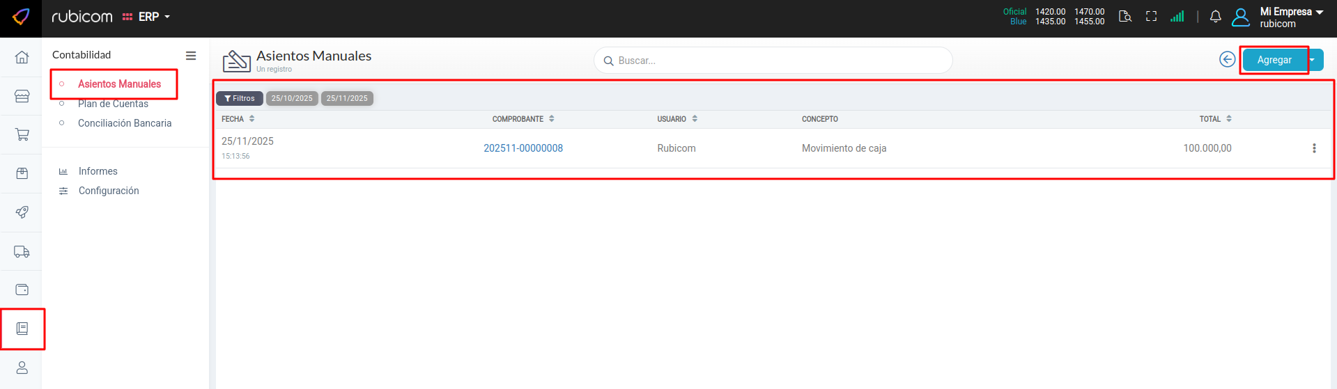 Listado de Asientos Manuales con botón Agregar y opciones