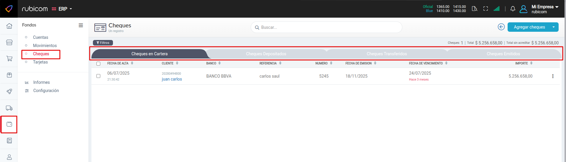 Formulario para ingresar un nuevo cheque en cartera
