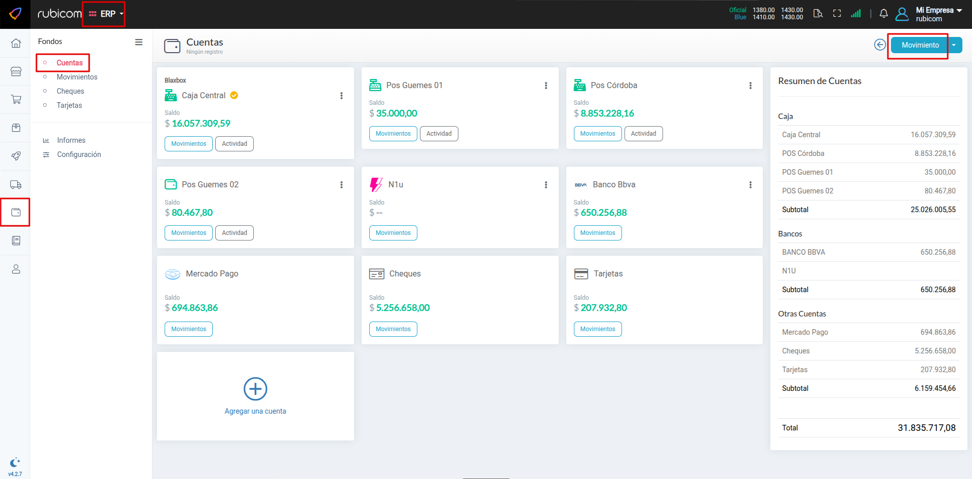 Vista de la sección de Cuentas con el listado de cajas y bancos