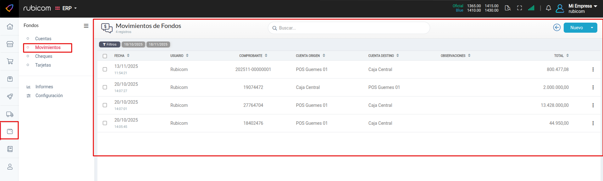 Formulario de Movimiento de fondos