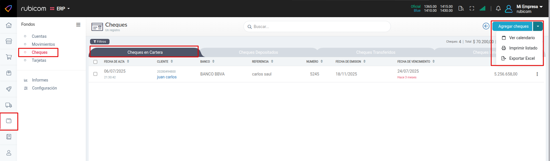 Listado de cheques en cartera