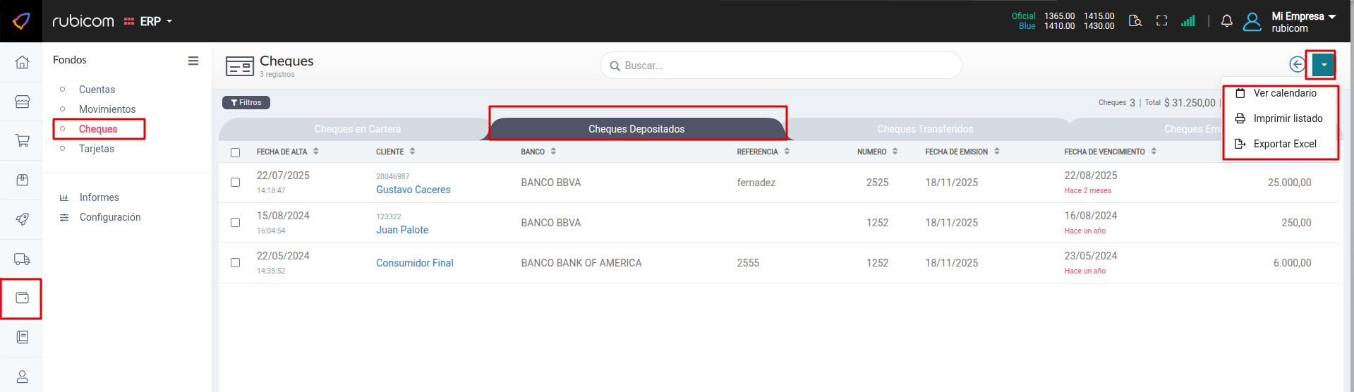 Listado de cheques depositados