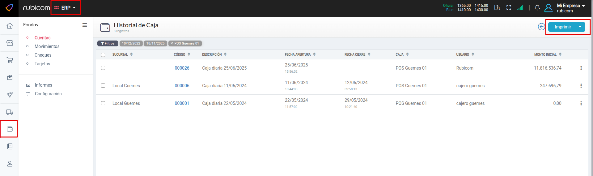 Vista de la sección Actividad dentro de una caja