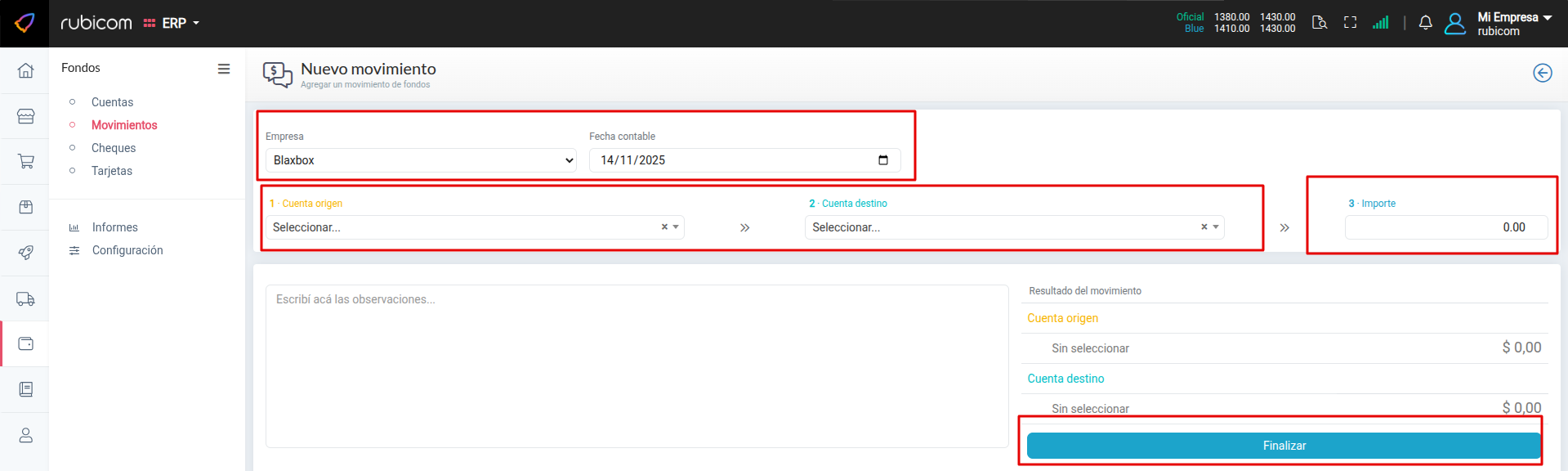 Panel para realizar movimientos entre cajas