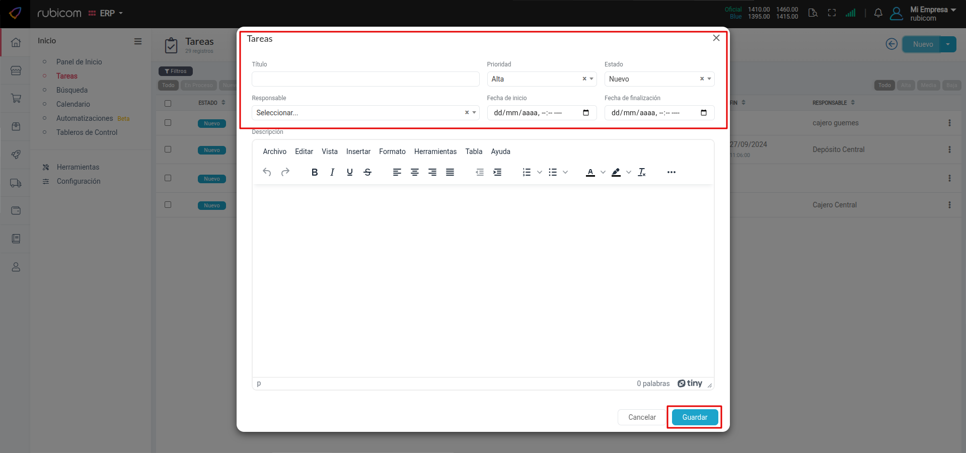 Creación de nueva tarea