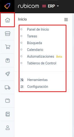 Vista principal del Panel de Inicio