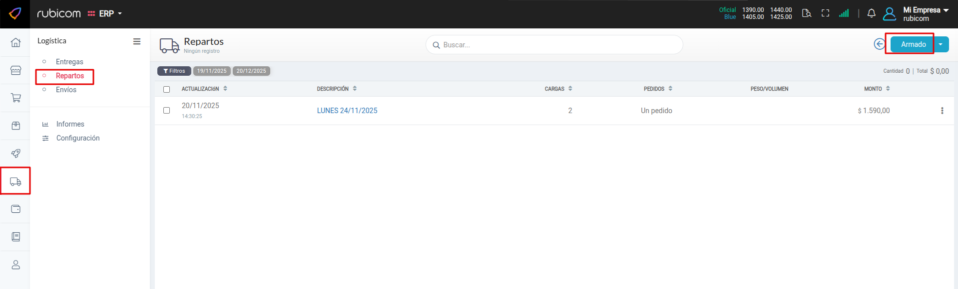 Vista inicial de la sección Repartos con pedidos pendientes