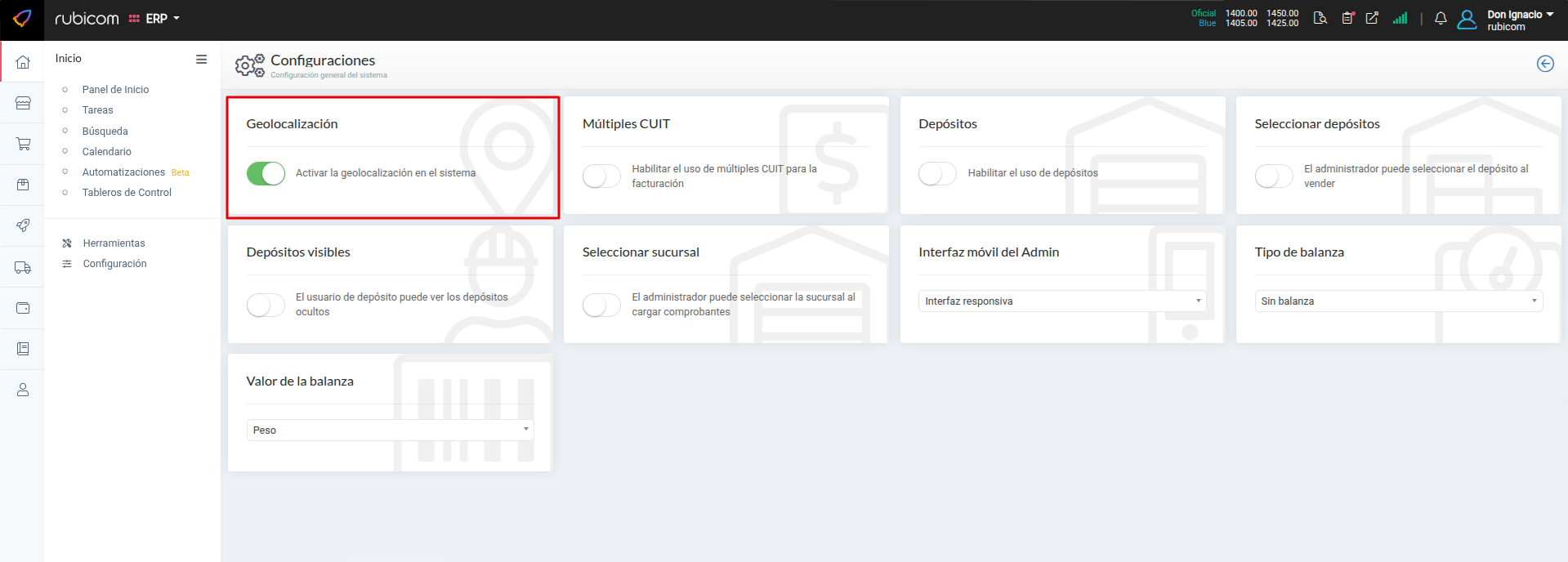 Menú de parámetros de configuración
