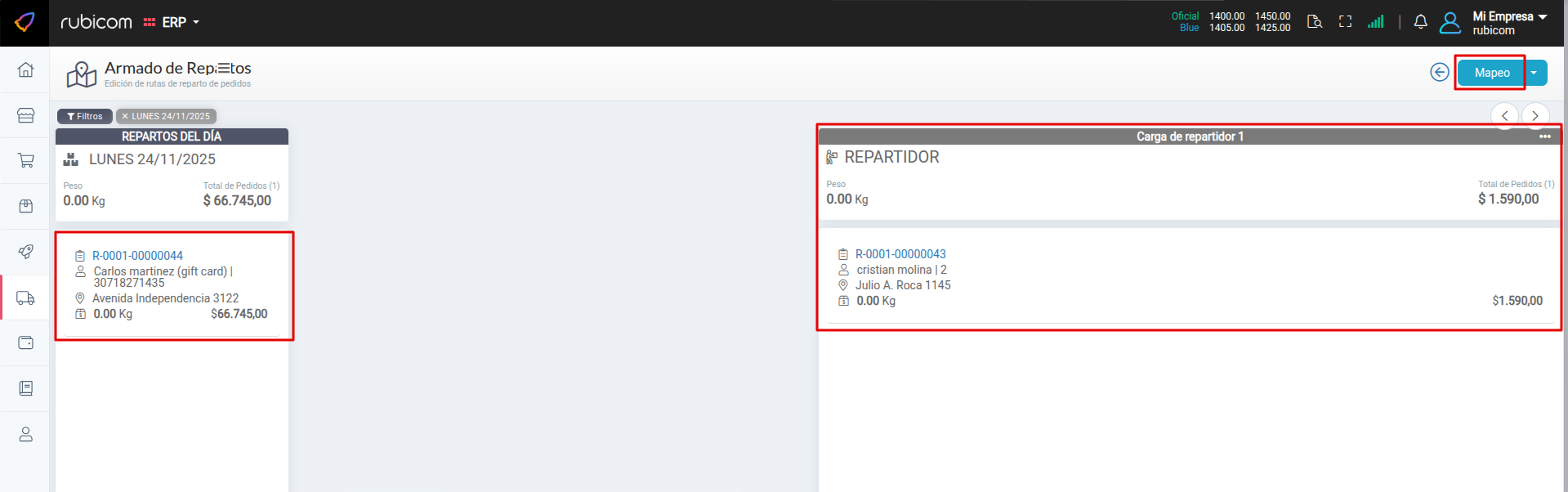 Vista de armado de cargas para repartidores