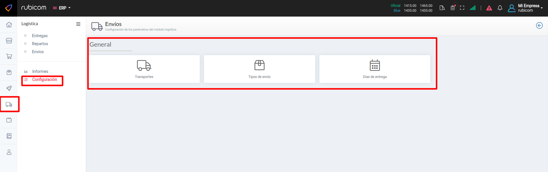Configuración de envíos logística