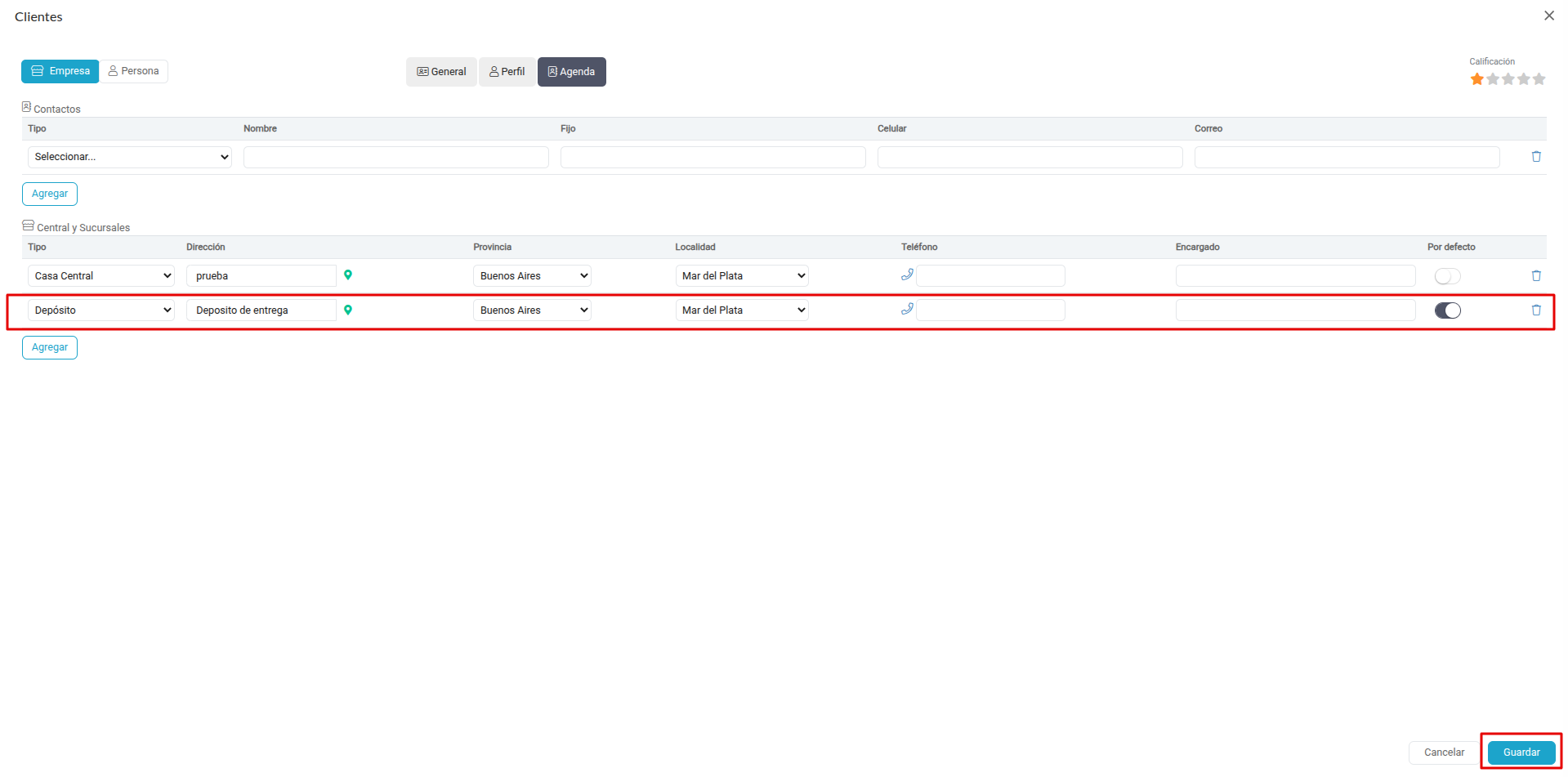 Sección Agenda en la ficha del cliente