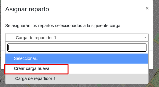 Menú de opciones al hacer click en un punto de reparto en el mapa