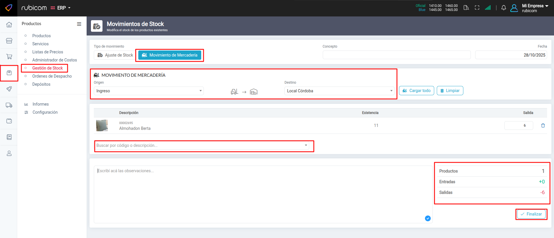Selección de Movimiento de Mercadería