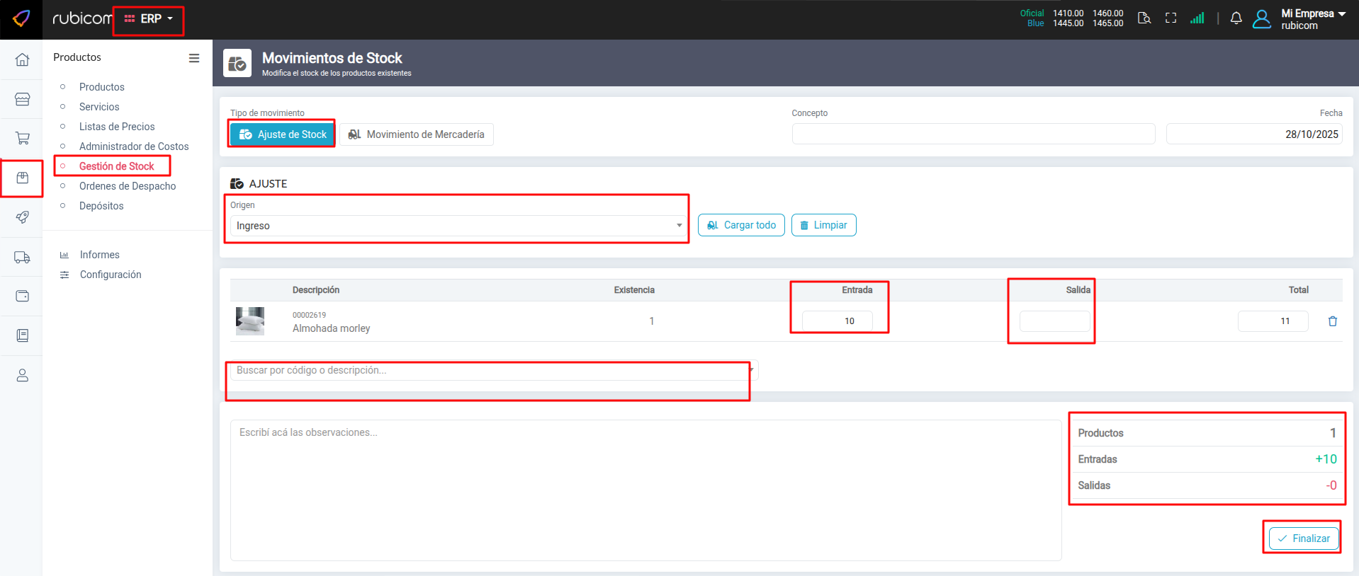 Formulario de Movimiento de Mercadería completado