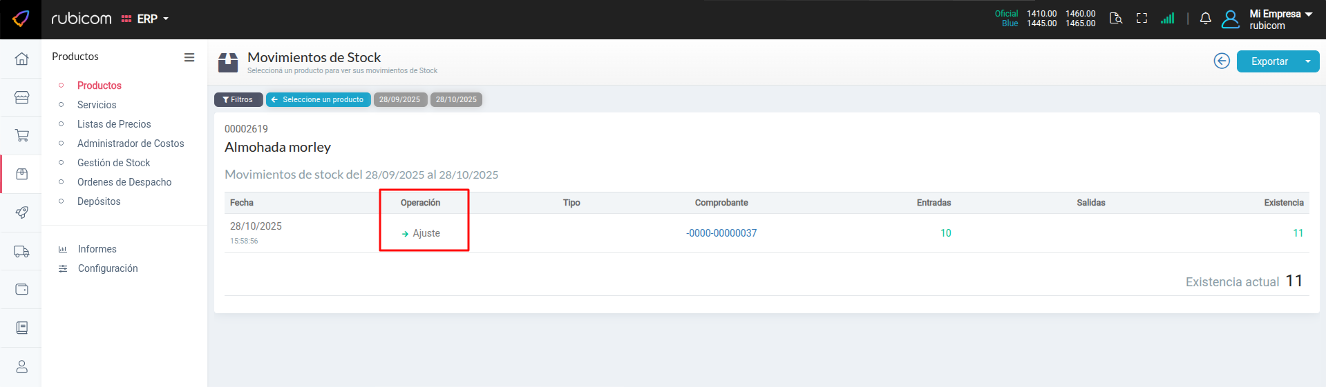 Historial de movimientos de stock del producto