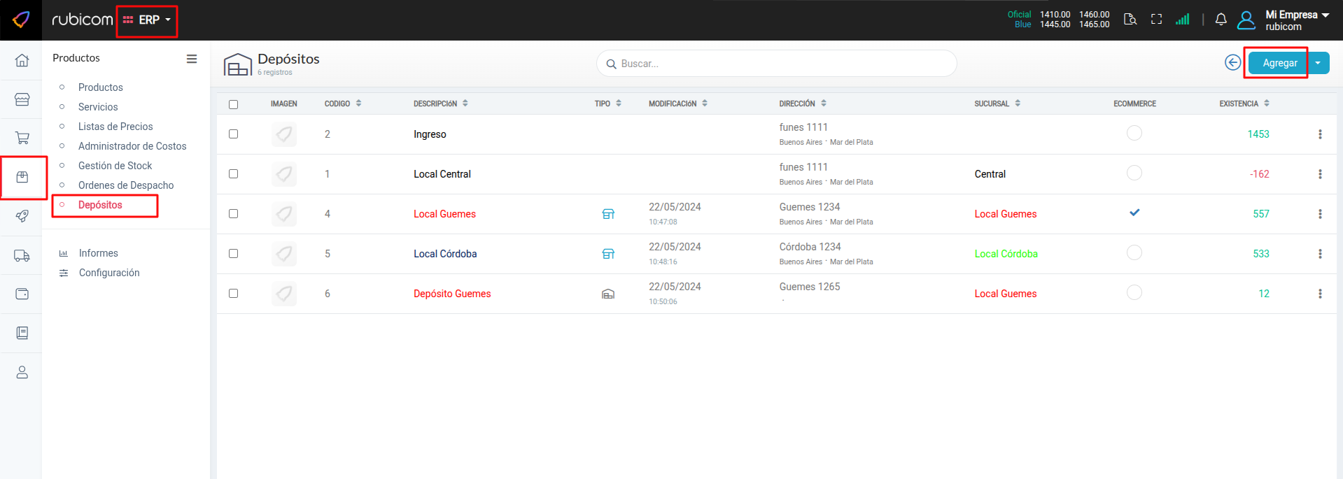 Vista principal de la sección Depósitos