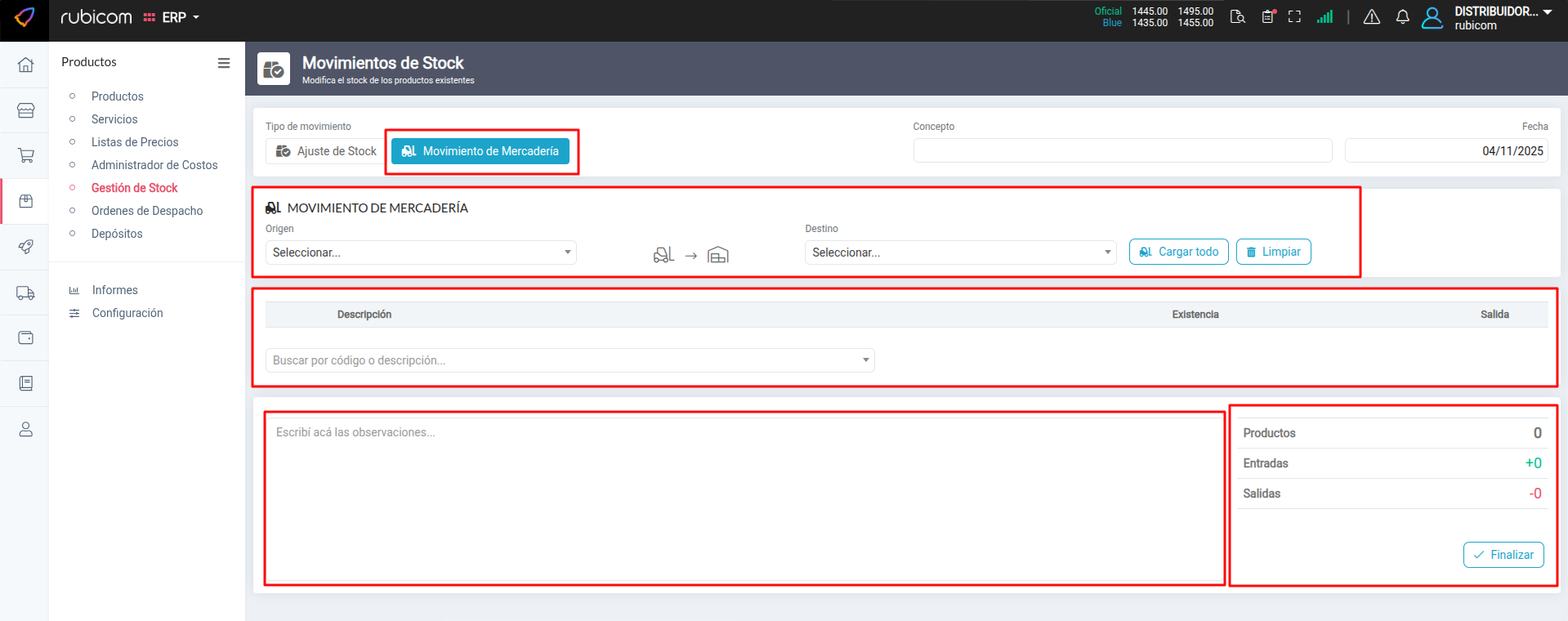 Formulario para realizar un Movimiento de Mercadería