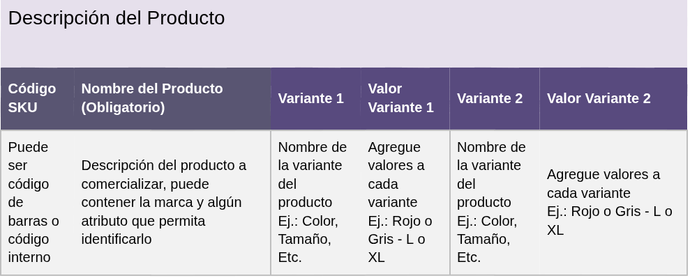 Descripción del Producto Excel