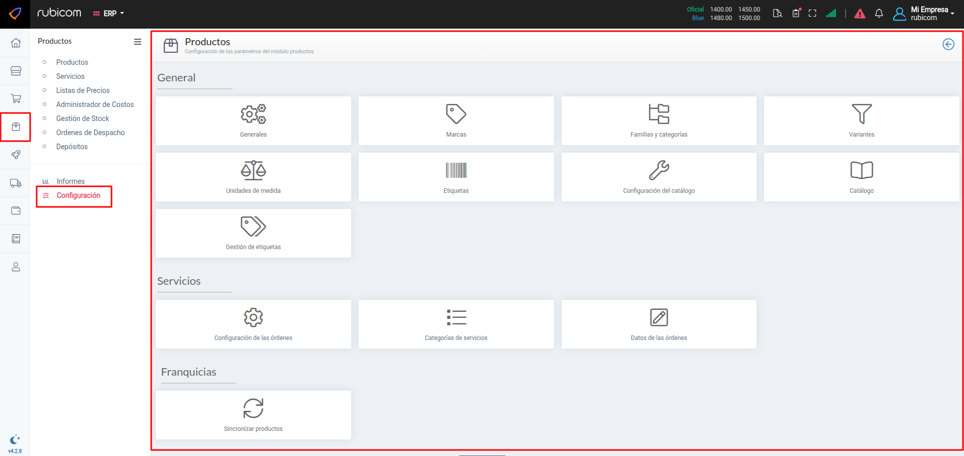Pantalla de Configuración de Productos
