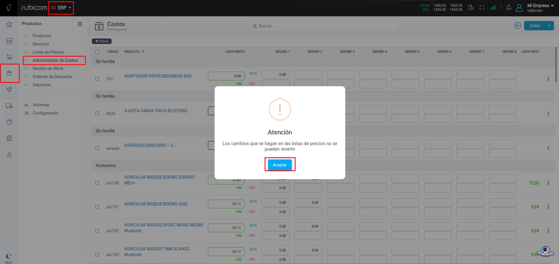 Listado de productos con costos en ARS y USD en el Administrador de Costos