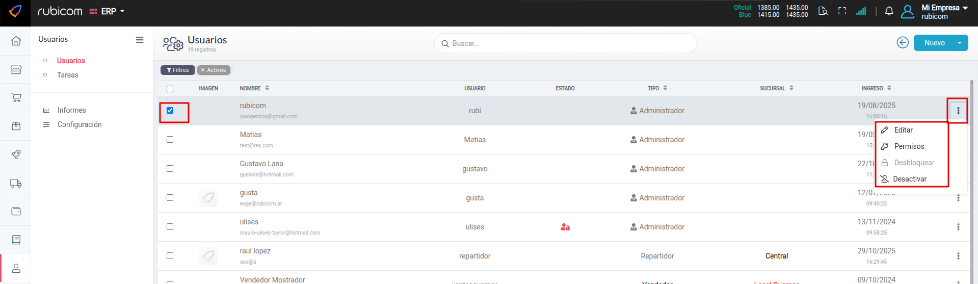 Opciones de menú de un usuario individual (Editar, Permisos, Desactivar)