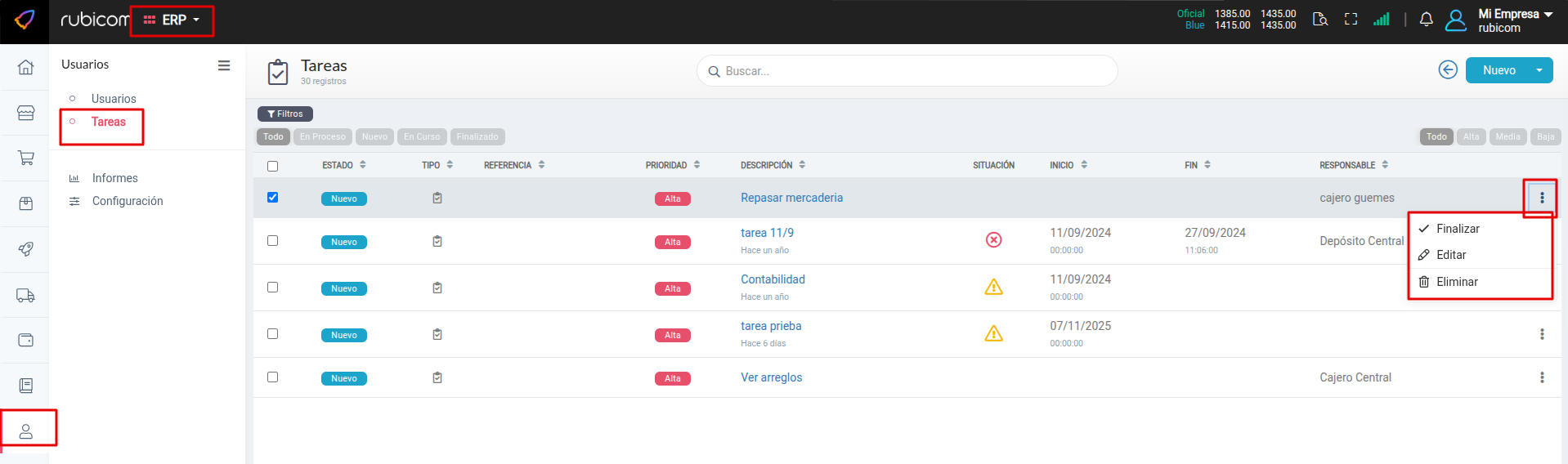 Opciones de menú de una tarea individual (Finalizar, Editar, Eliminar)