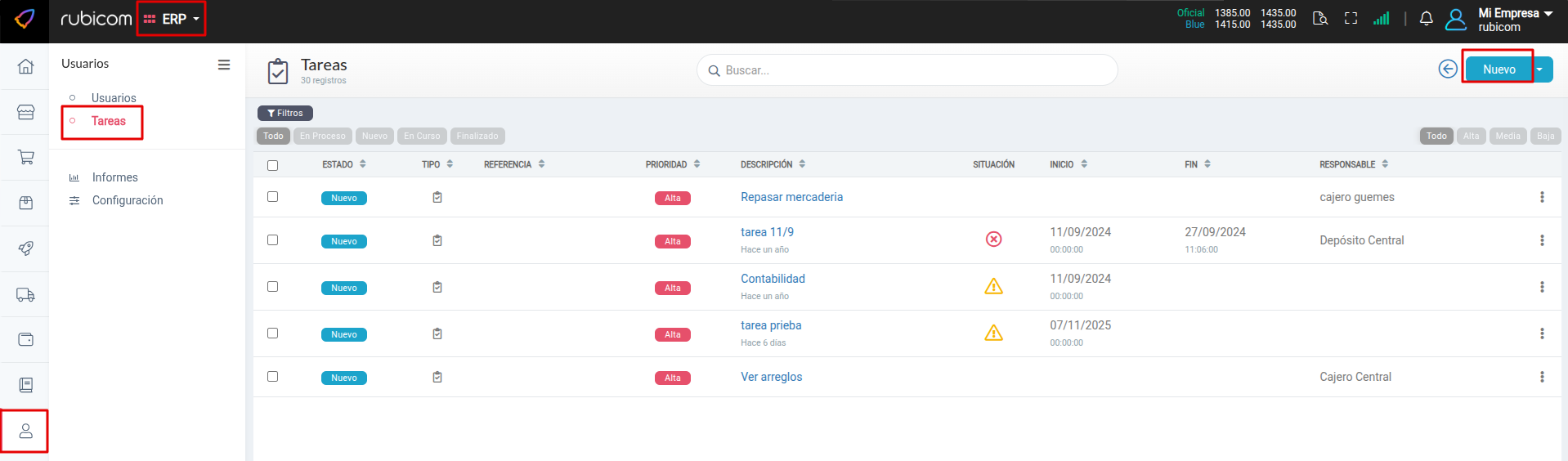 Pantalla principal del módulo Tareas con listado de tareas