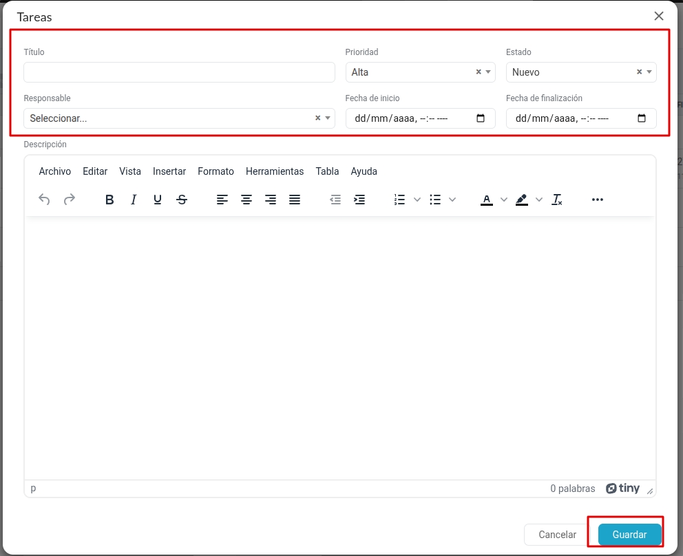 Formulario para crear una nueva tarea