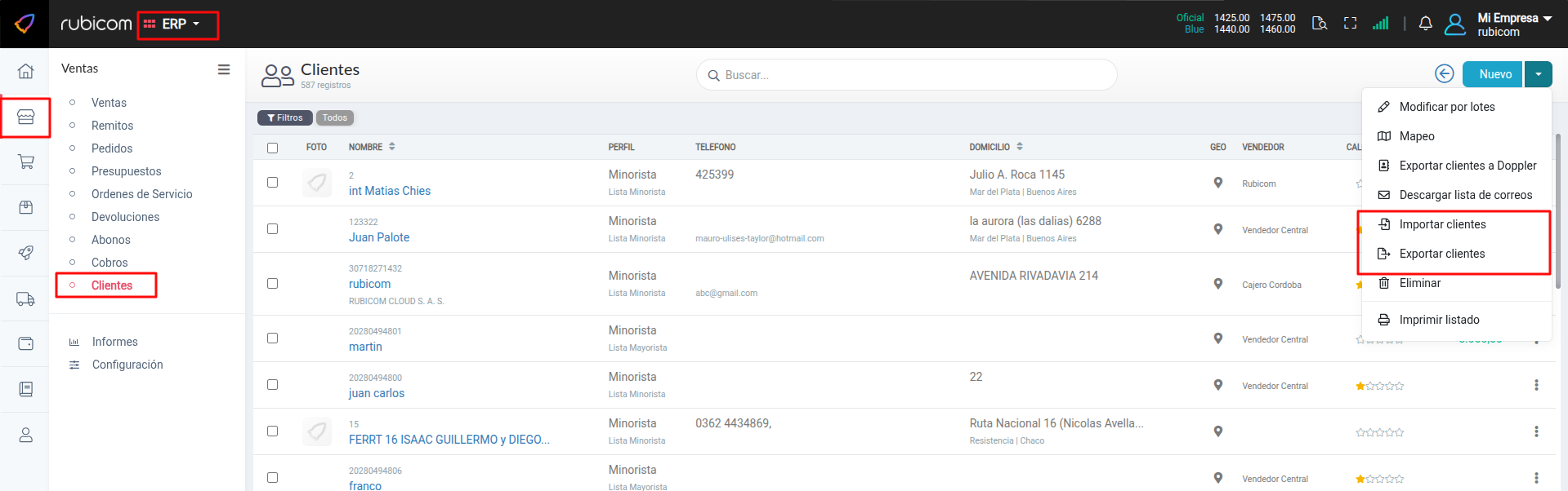 Menú de importación