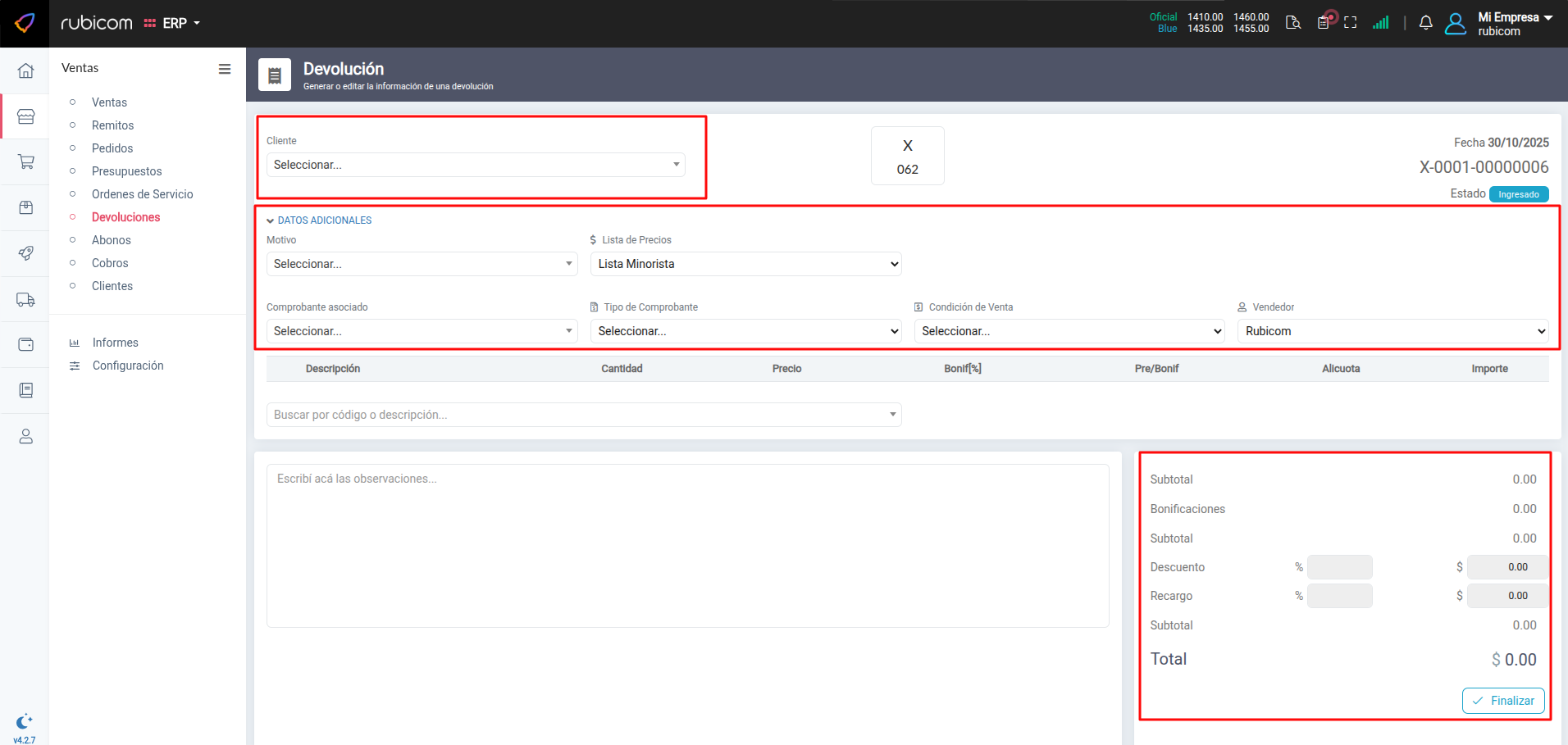 Botón para nueva devolución
