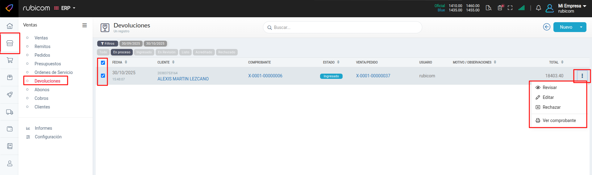 Plantilla de carga de devolución