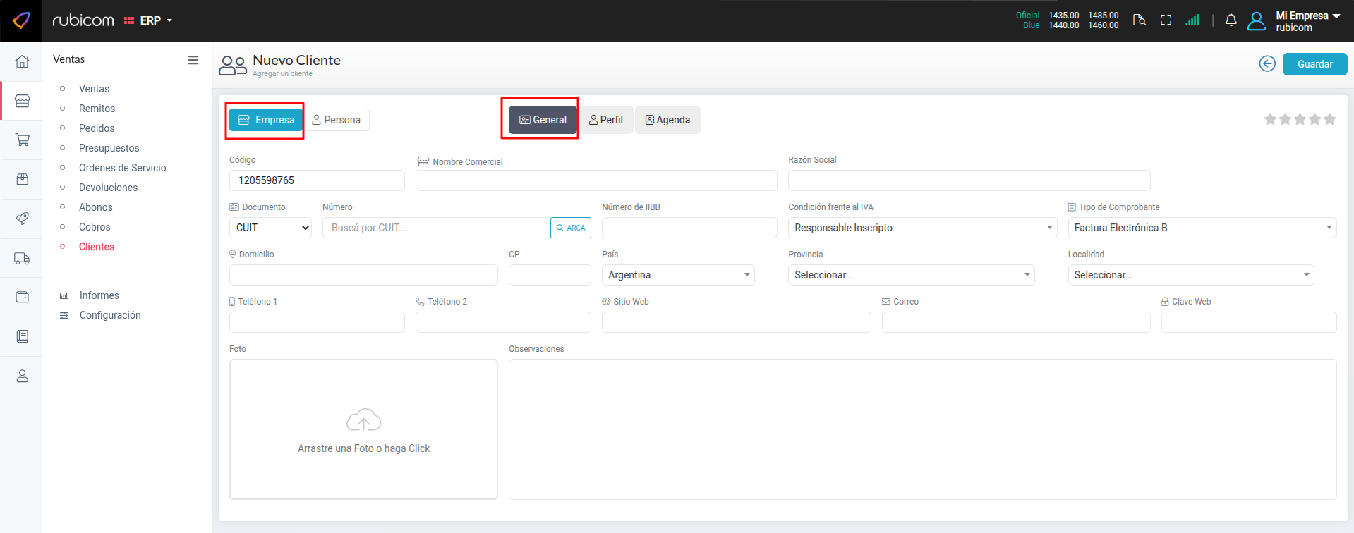Formulario de nuevo cliente