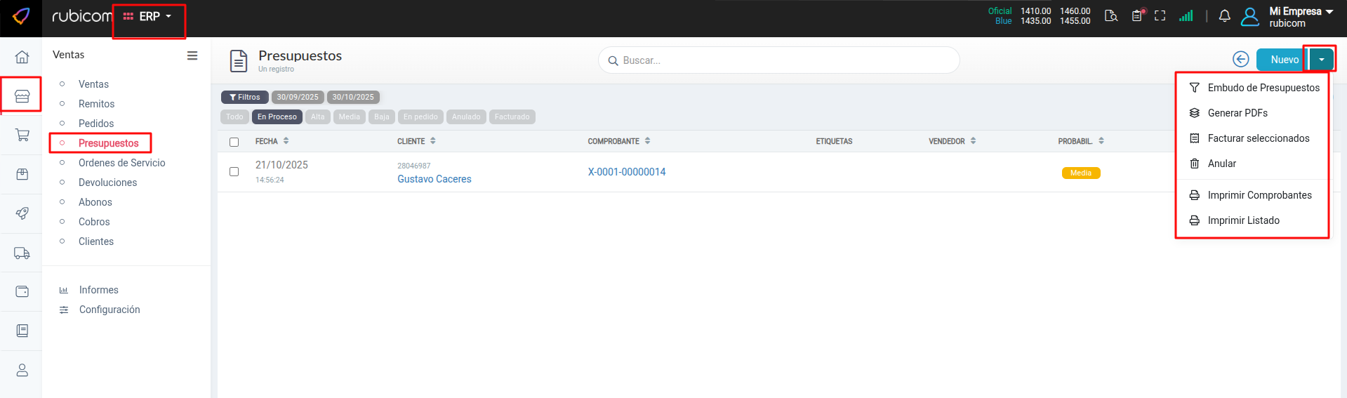Opciones masivas en la esquina superior derecha