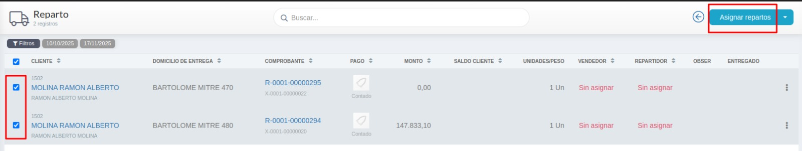 Selección de pedidos en el detalle diario