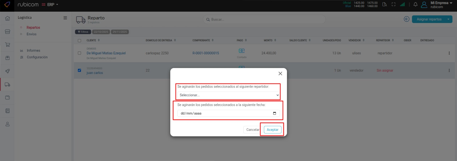 Ventana emergente para asignar repartidor