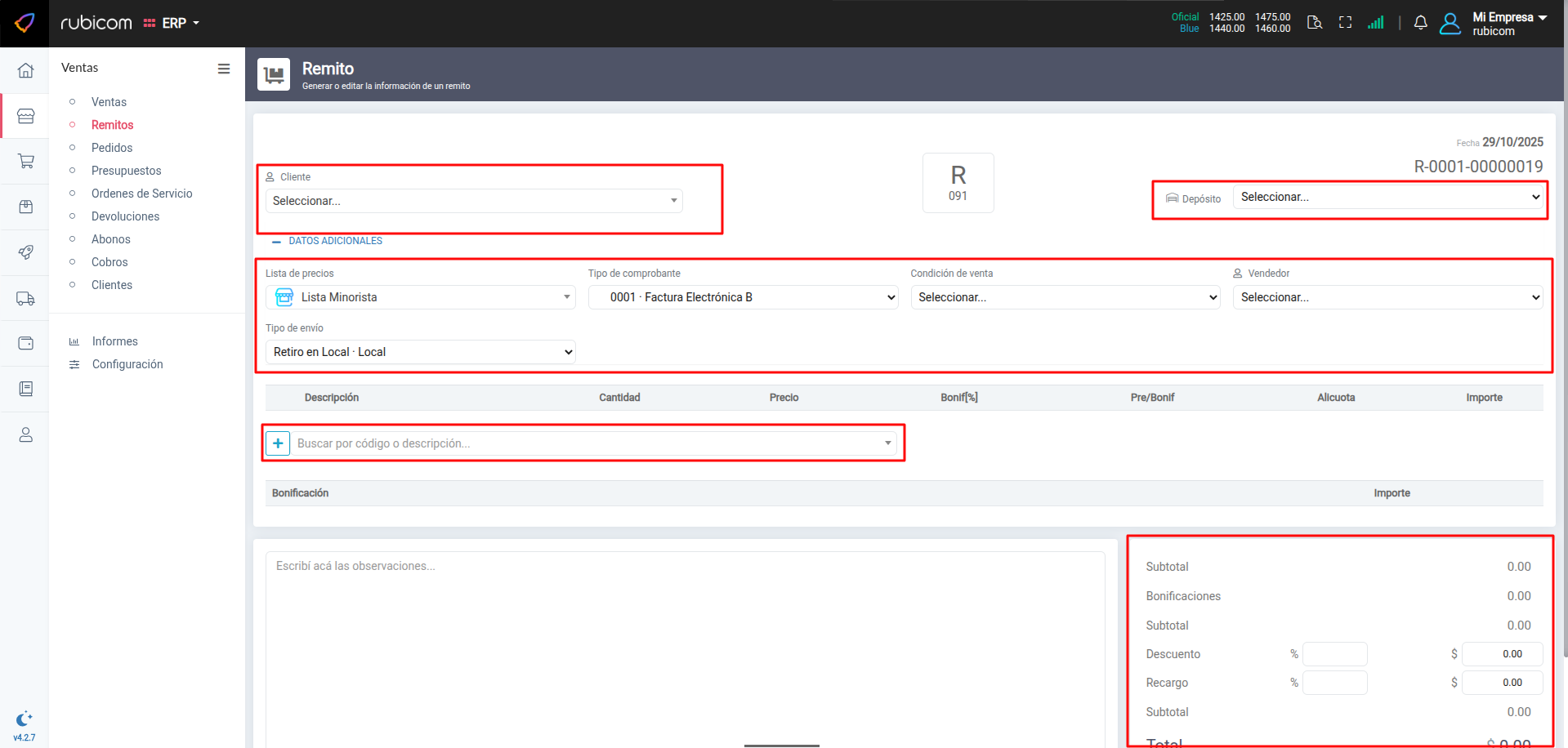 Formulario de creación de remito