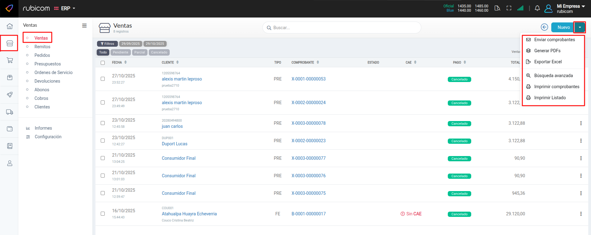 Listado principal de ventas