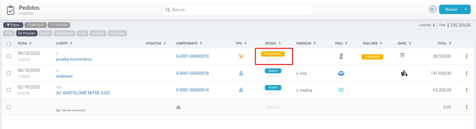 Estado del pedido en Preparando