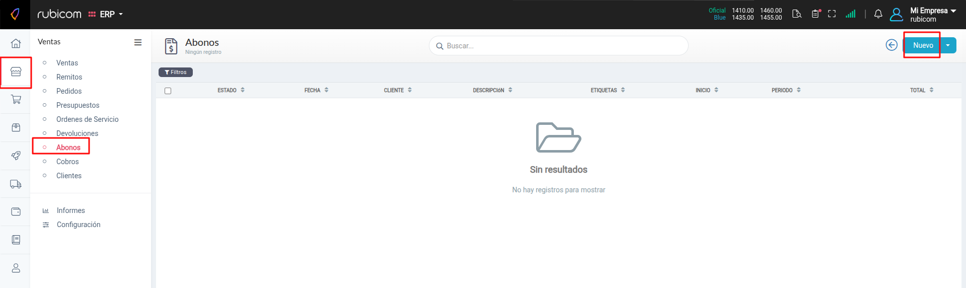 Interfaz principal de Abonos