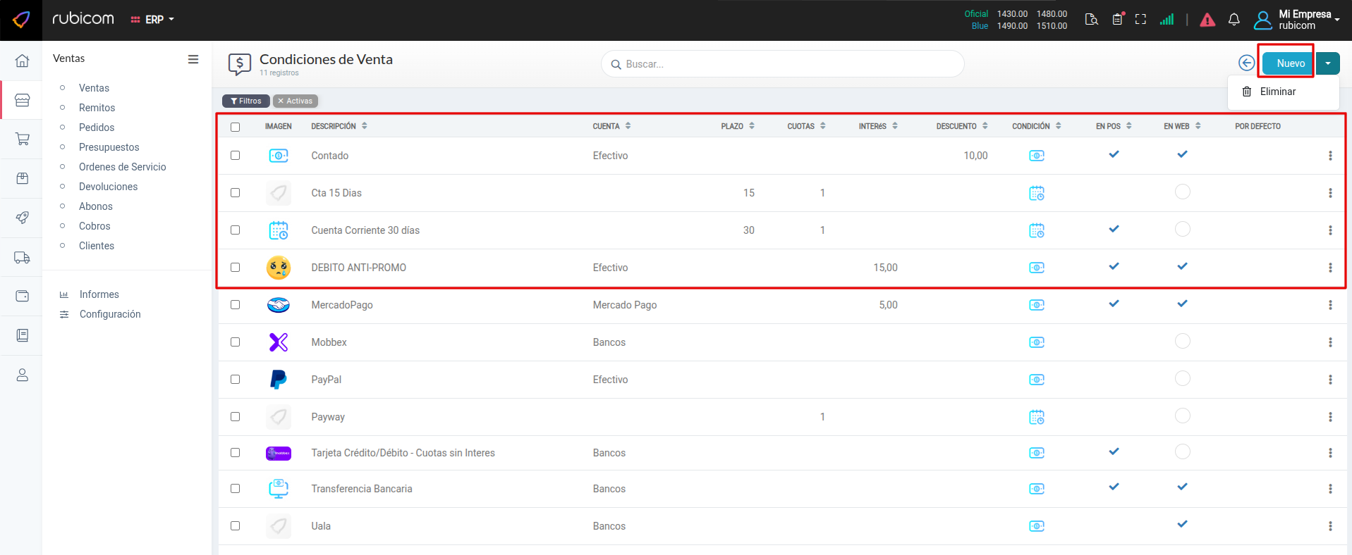 Listado de medios de pago