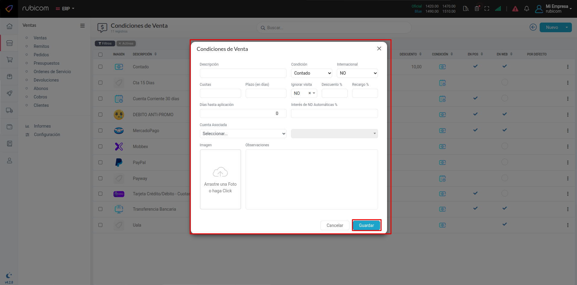 Formulario de condición de venta