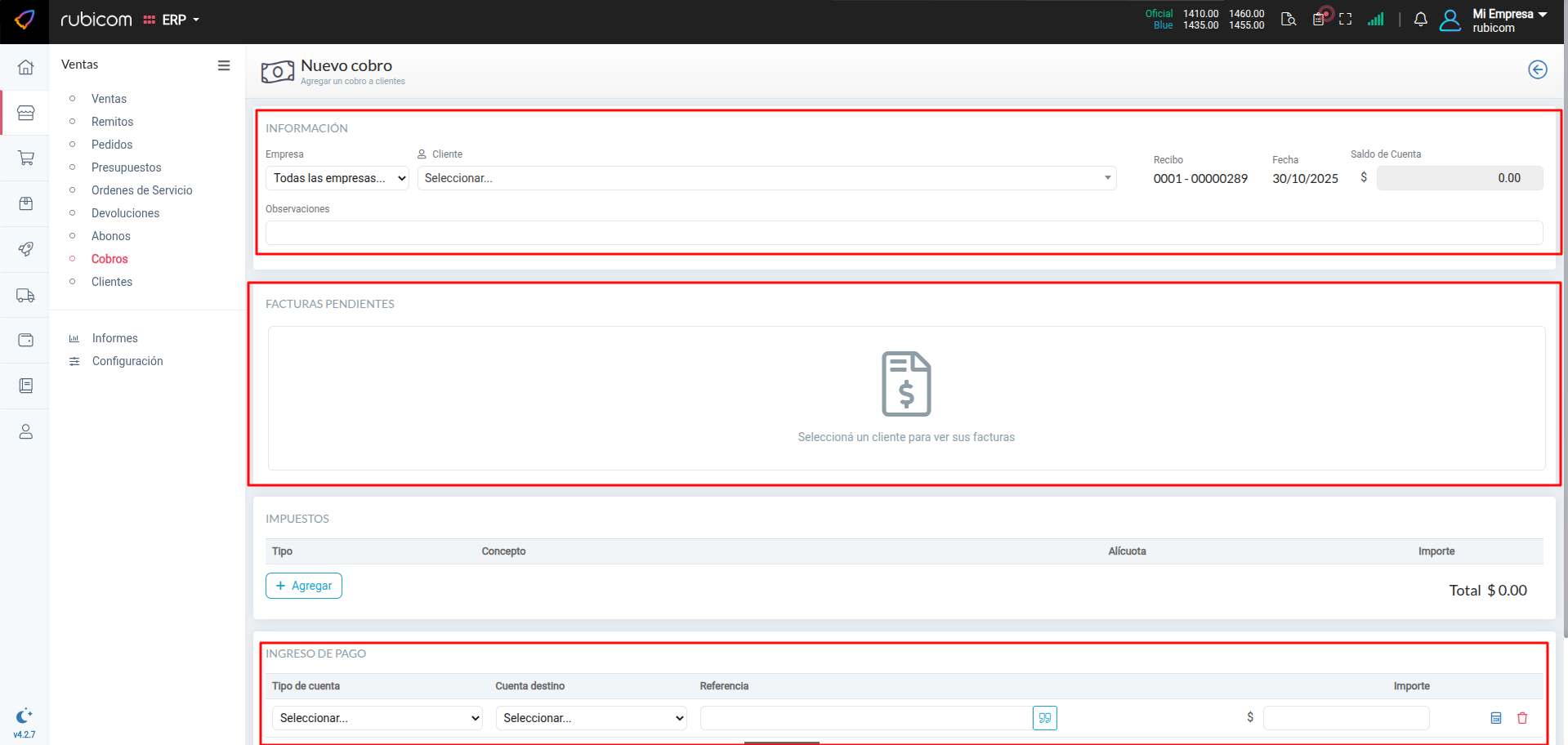 Detalle de carga de medios de pago e impuestos