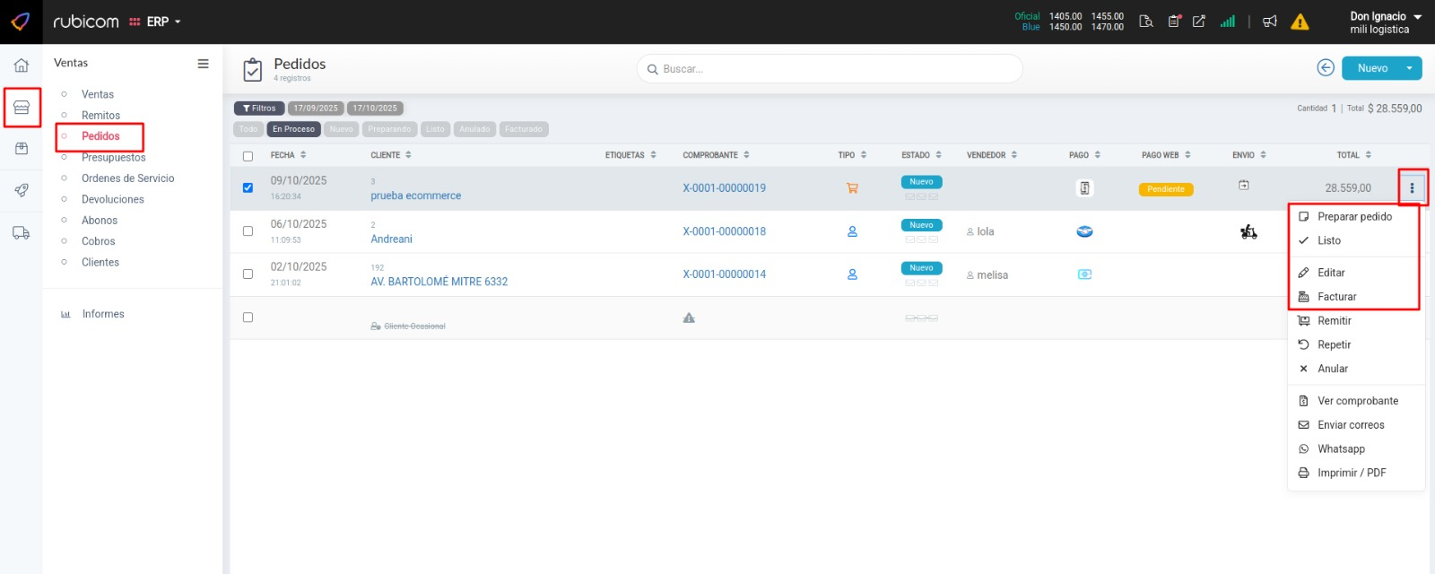 Listado principal de pedidos