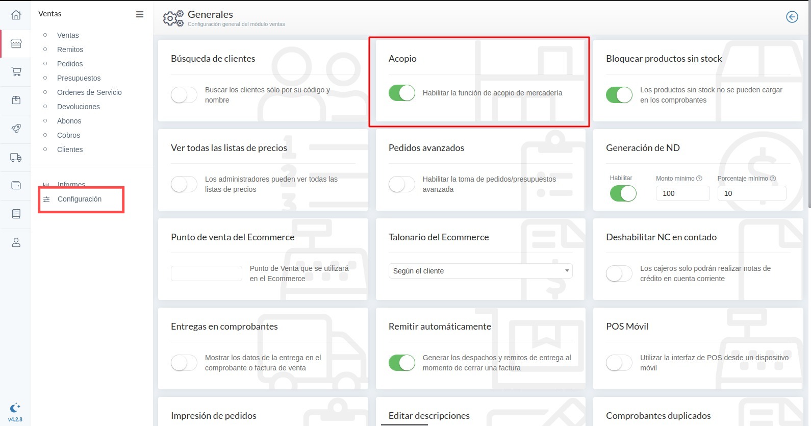 Configuración de acopio