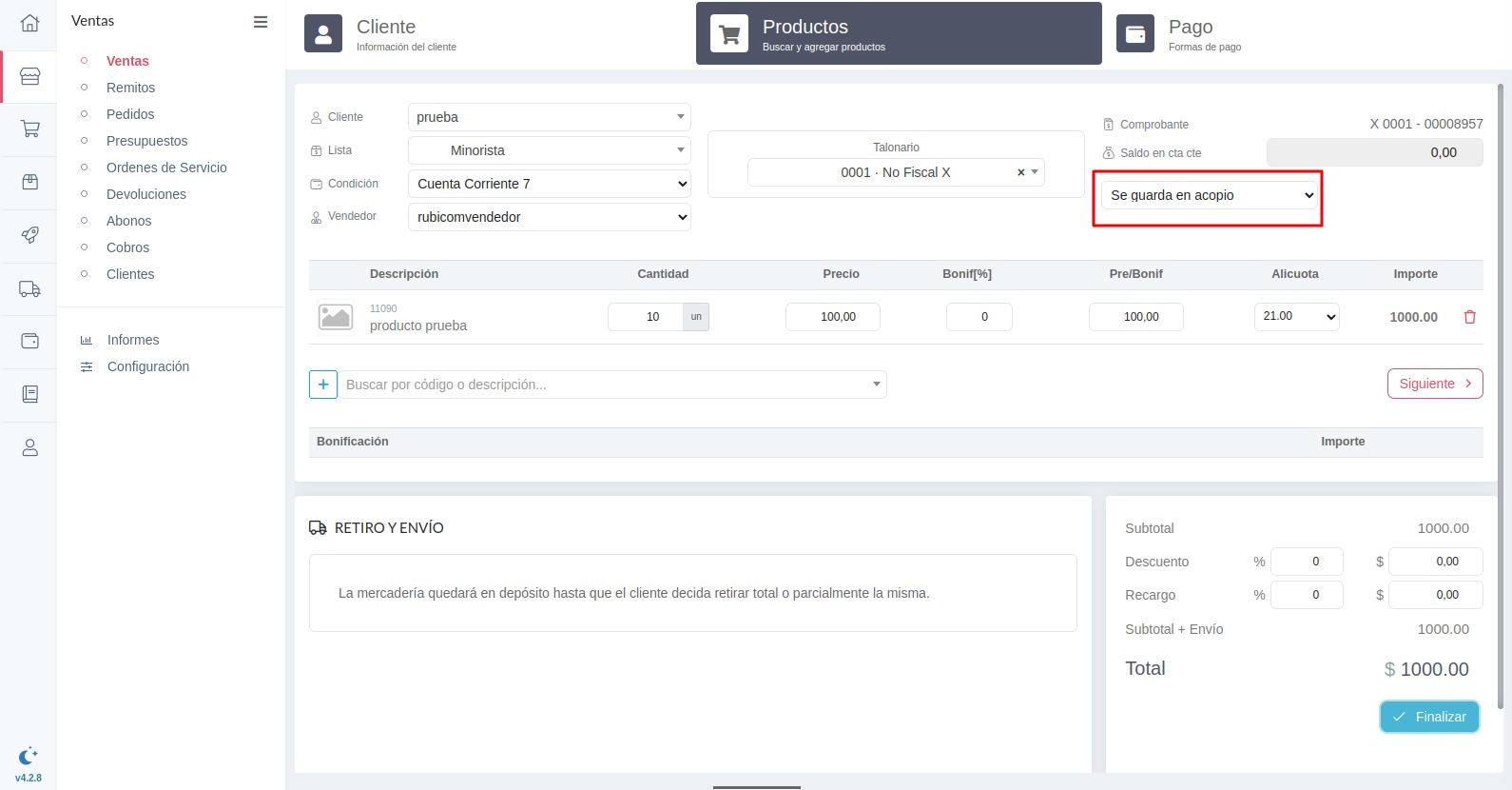 Opción de acopio en venta